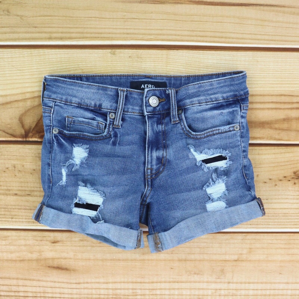 Aero Jean Shorts Cuffed‎ Low Rise Womens Size 2 Blue Distressed Stretch Denim